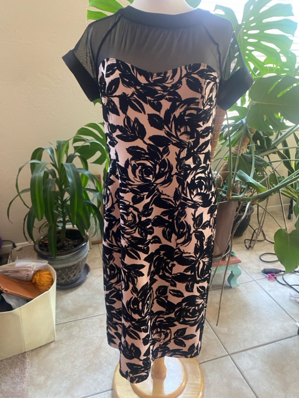 Enfocus Studio Blush Midi Dress with Black Floral Overlay